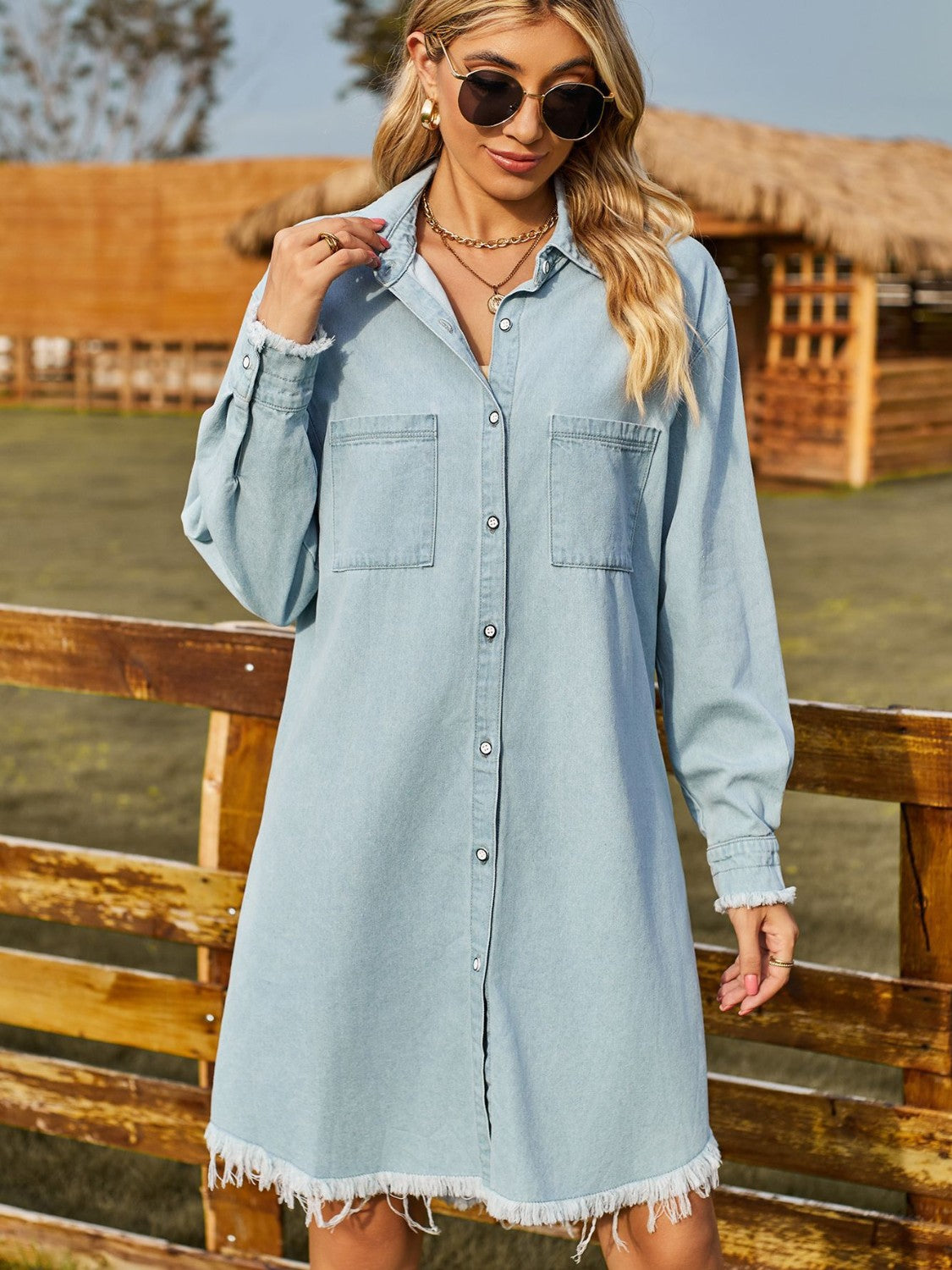 Button Up Collared Neck Raw Hem Denim Dress-Teresa&#39;s Fashionista LLC