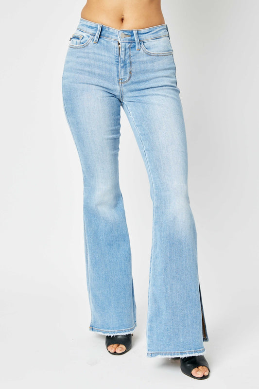 Judy Blue Full Size Mid Rise Raw Hem Slit Flare Jeans-Teresa&#39;s Fashionista LLC