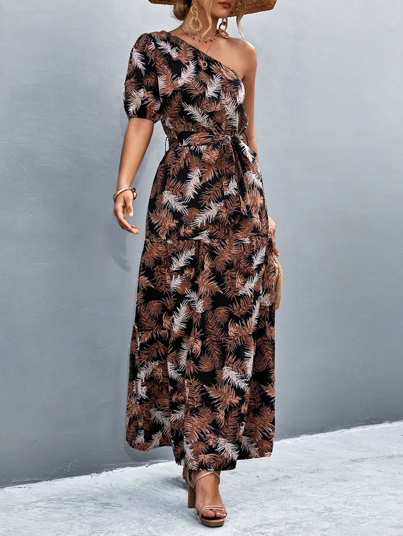 Printed Tie Waist One Shoulder Maxi Dress-Teresa&#39;s Fashionista LLC