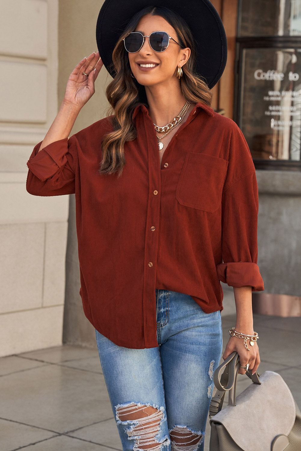 Corduroy Button-Up Pocket Shirt Jacket-Teresa&#39;s Fashionista LLC