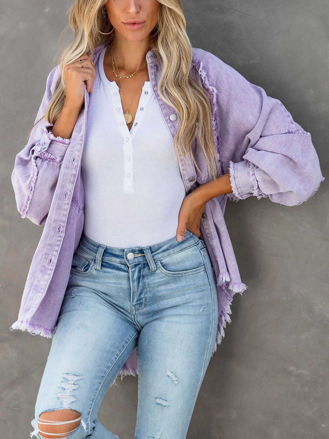 Button Down Raw Hem Denim Jacket-Teresa&#39;s Fashionista LLC