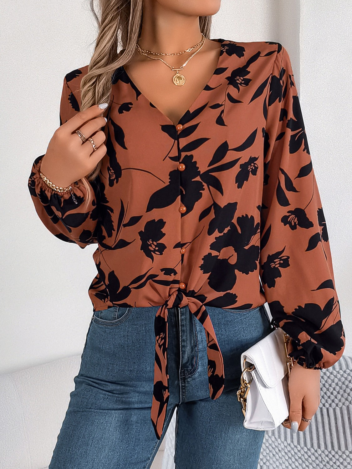 Printed V-Neck Long Sleeve Blouse-Teresa&#39;s Fashionista LLC