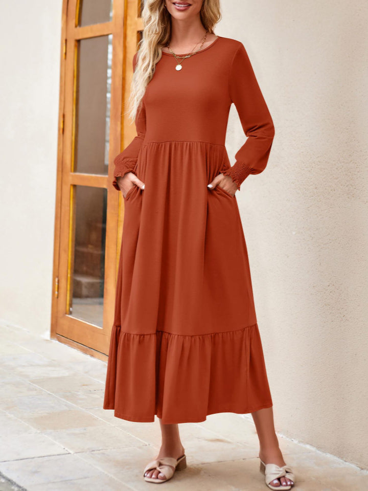 Round Neck Lantern Sleeve Ruffle Hem Dress-Teresa&#39;s Fashionista LLC