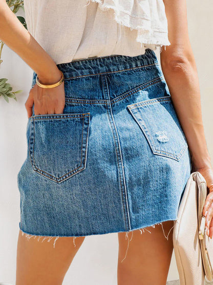 Button-Fly Distressed Raw Hem Denim Skirt-Teresa&#39;s Fashionista LLC