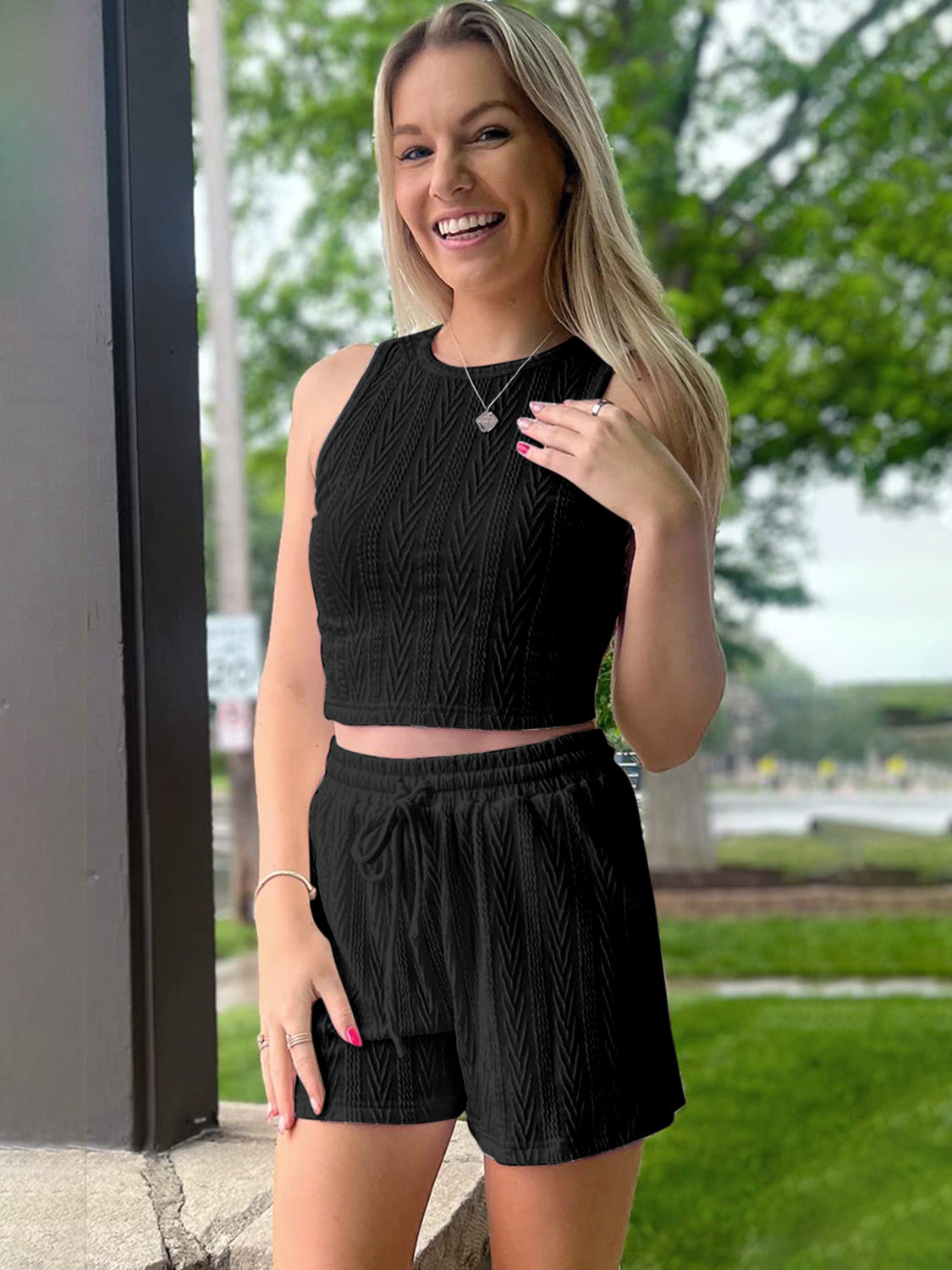 Textured Round Neck Top and Shorts Set-Teresa&#39;s Fashionista LLC