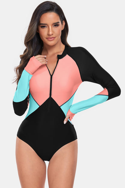 Color Block Half Zip Long Sleeve One-Piece Swimwear-Teresa&#39;s Fashionista LLC