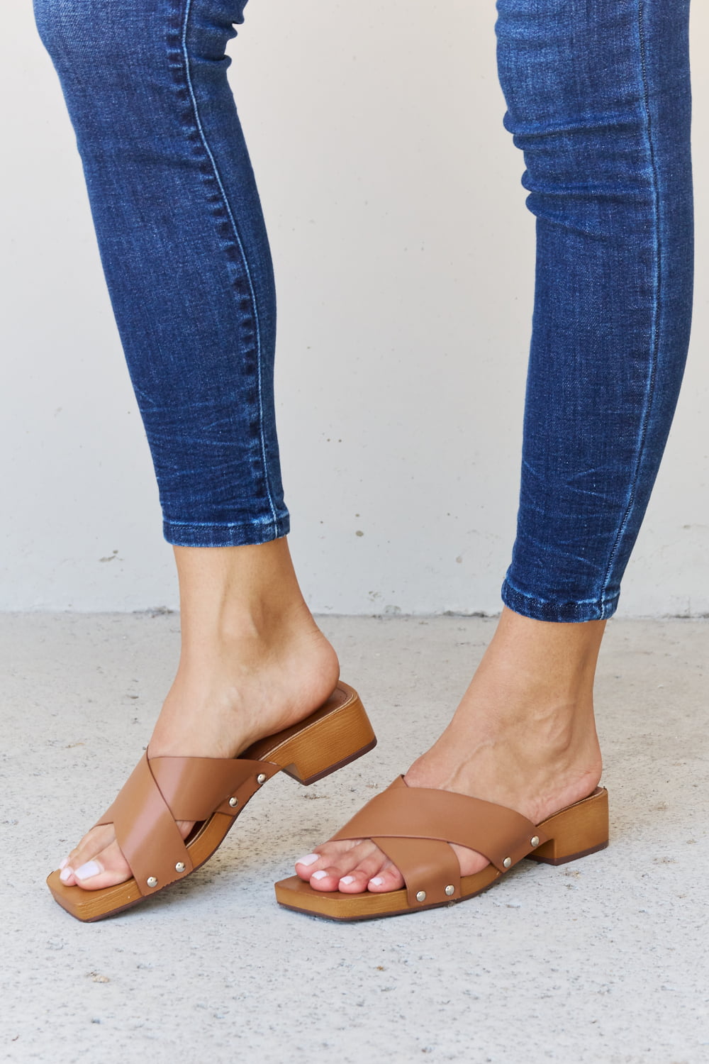 Weeboo Step Into Summer Criss Cross Wooden Clog Mule in Brown-Teresa&#39;s Fashionista LLC