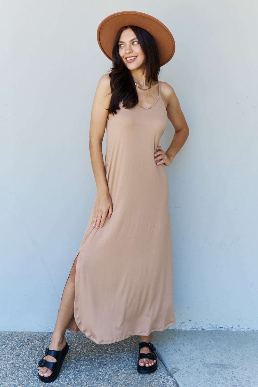 Ninexis Good Energy Full Size Cami Side Slit Maxi Dress in Camel-Teresa&#39;s Fashionista LLC