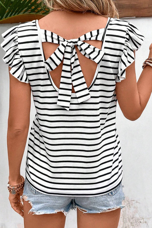 Tied Striped V-Neck Cap Sleeve T-Shirt-Teresa&#39;s Fashionista LLC