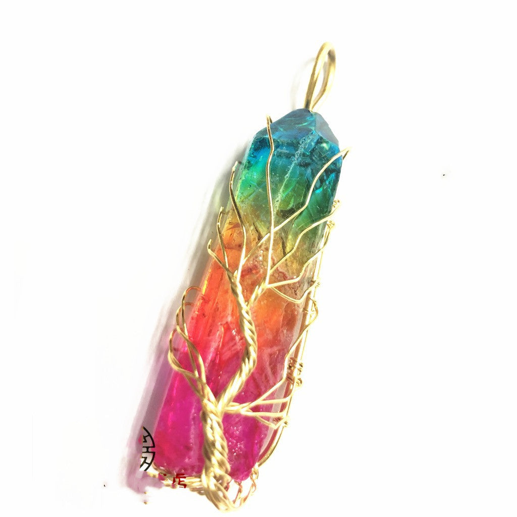 Crystal Plating Rainbow Color Crystal Pillar Tree Of Life Pendant Necklace-Teresa&#39;s Fashionista LLC