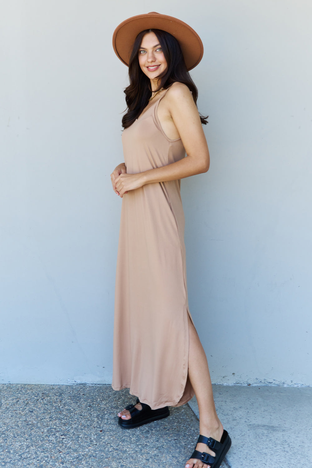 Ninexis Good Energy Full Size Cami Side Slit Maxi Dress in Camel-Teresa&#39;s Fashionista LLC