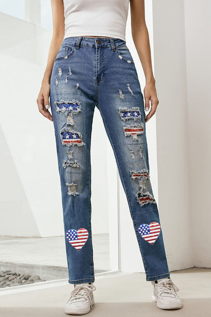 US Flag Distressed Straight Jeans-Teresa&#39;s Fashionista LLC