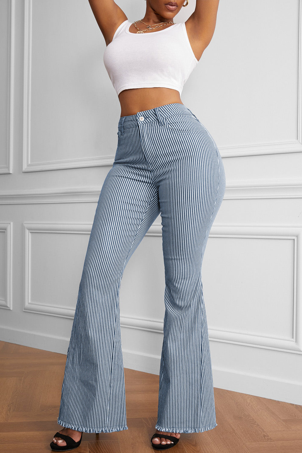 Striped Fringe Detail Flare Pants-Teresa&#39;s Fashionista LLC