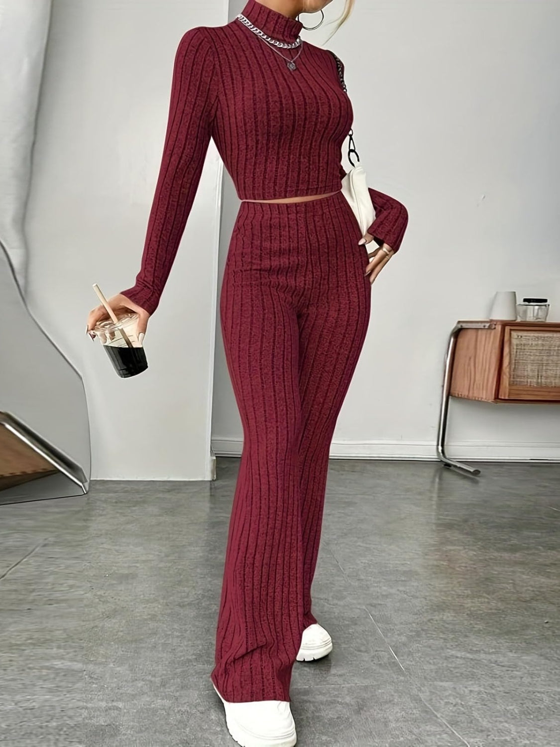 Ribbed Mock Neck Long Sleeve Top and Pants Set-Teresa&#39;s Fashionista LLC