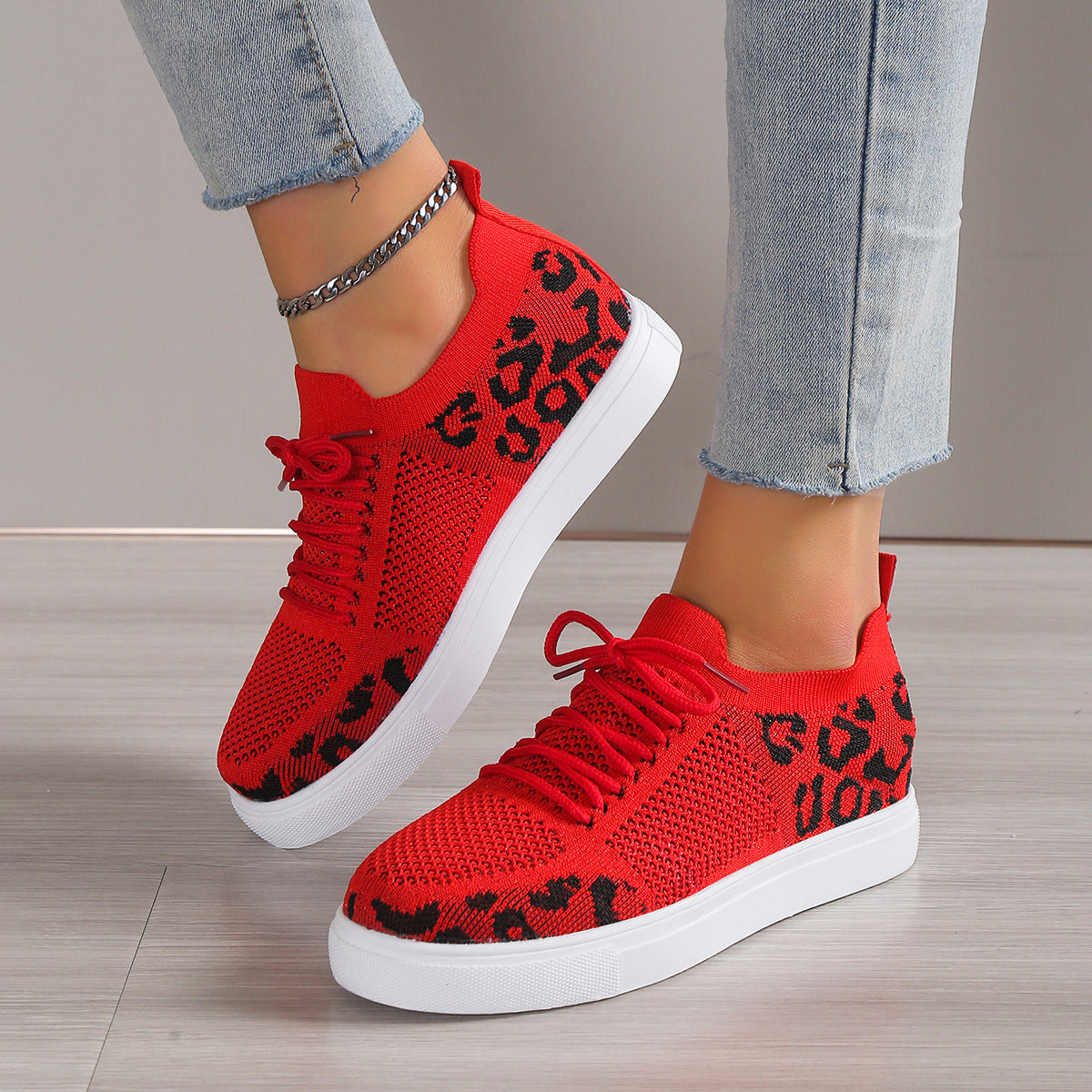 Lace-Up Leopard Flat Sneakers-Teresa&#39;s Fashionista LLC