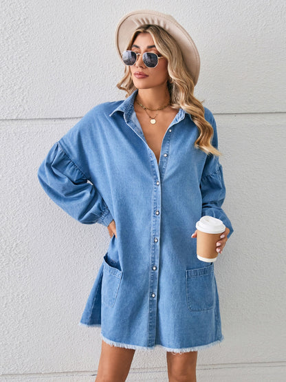 Button Up Pocketed Raw Hem Denim Dress-Teresa&#39;s Fashionista LLC