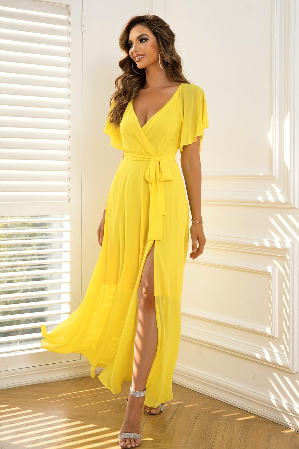 Tie Waist Flutter Sleeve Maxi Dress-Teresa&#39;s Fashionista LLC