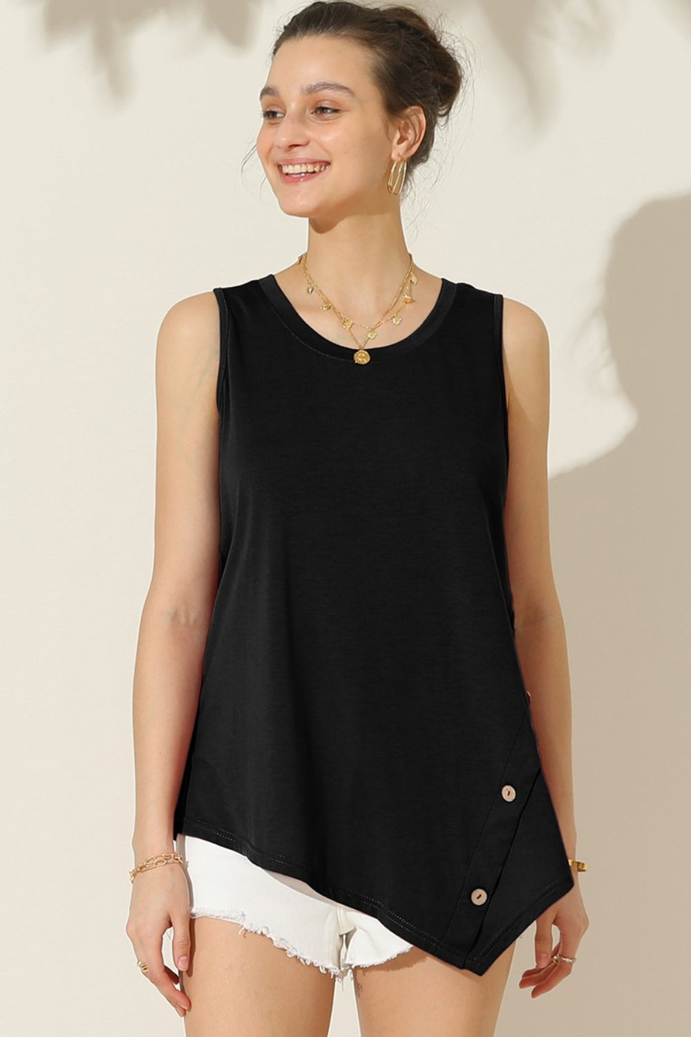 Ninexis Round Neck Button Side Tank-Teresa&#39;s Fashionista LLC