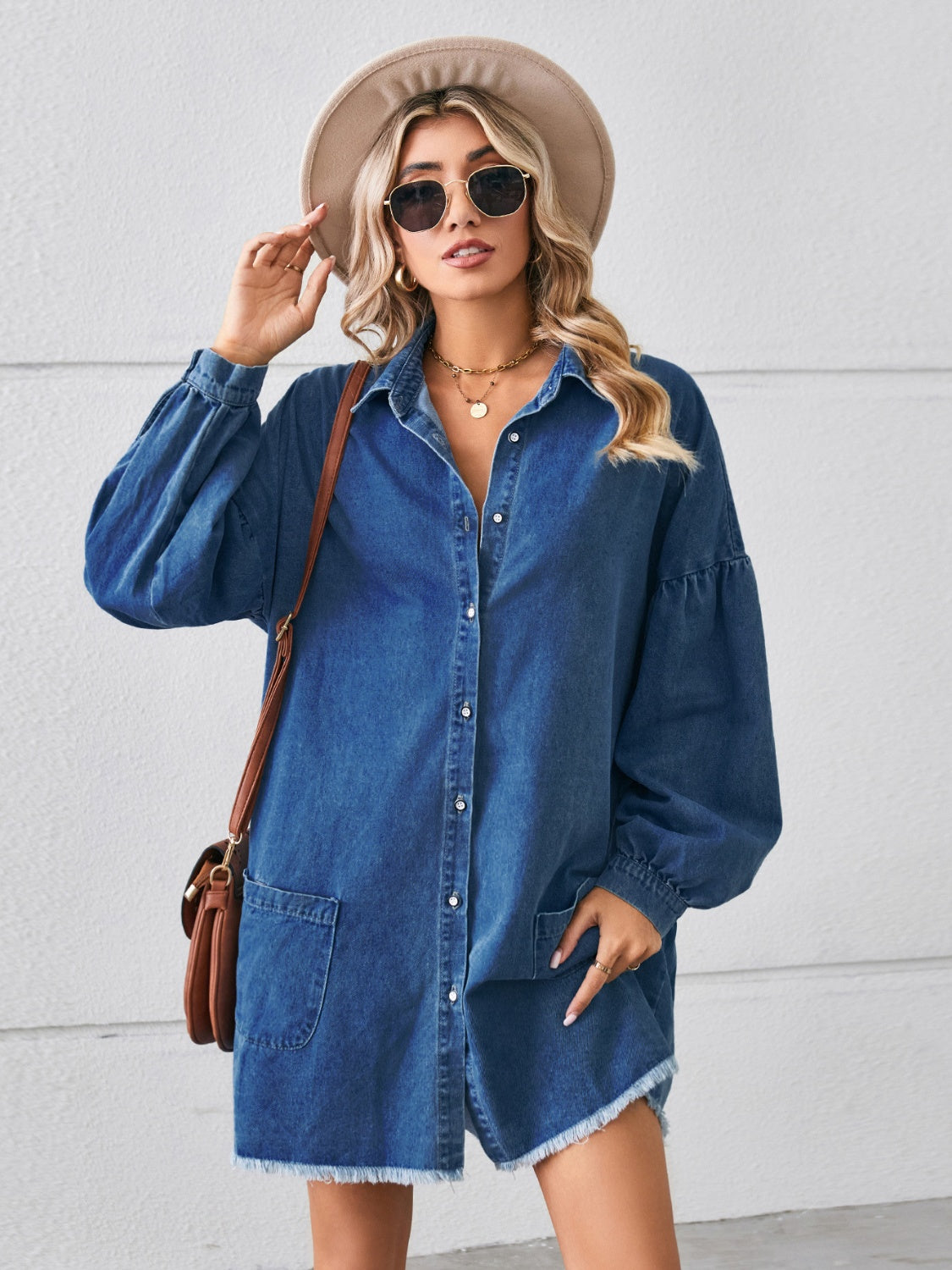 Button Up Pocketed Raw Hem Denim Dress-Teresa&#39;s Fashionista LLC