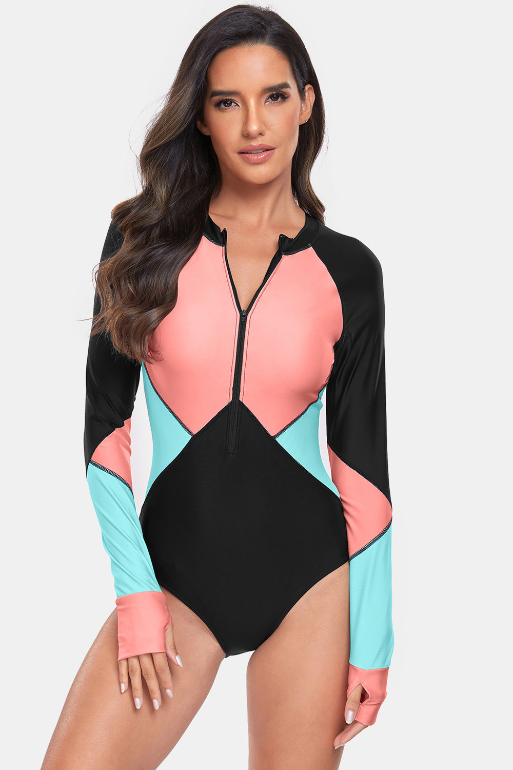 Color Block Half Zip Long Sleeve One-Piece Swimwear-Teresa&#39;s Fashionista LLC