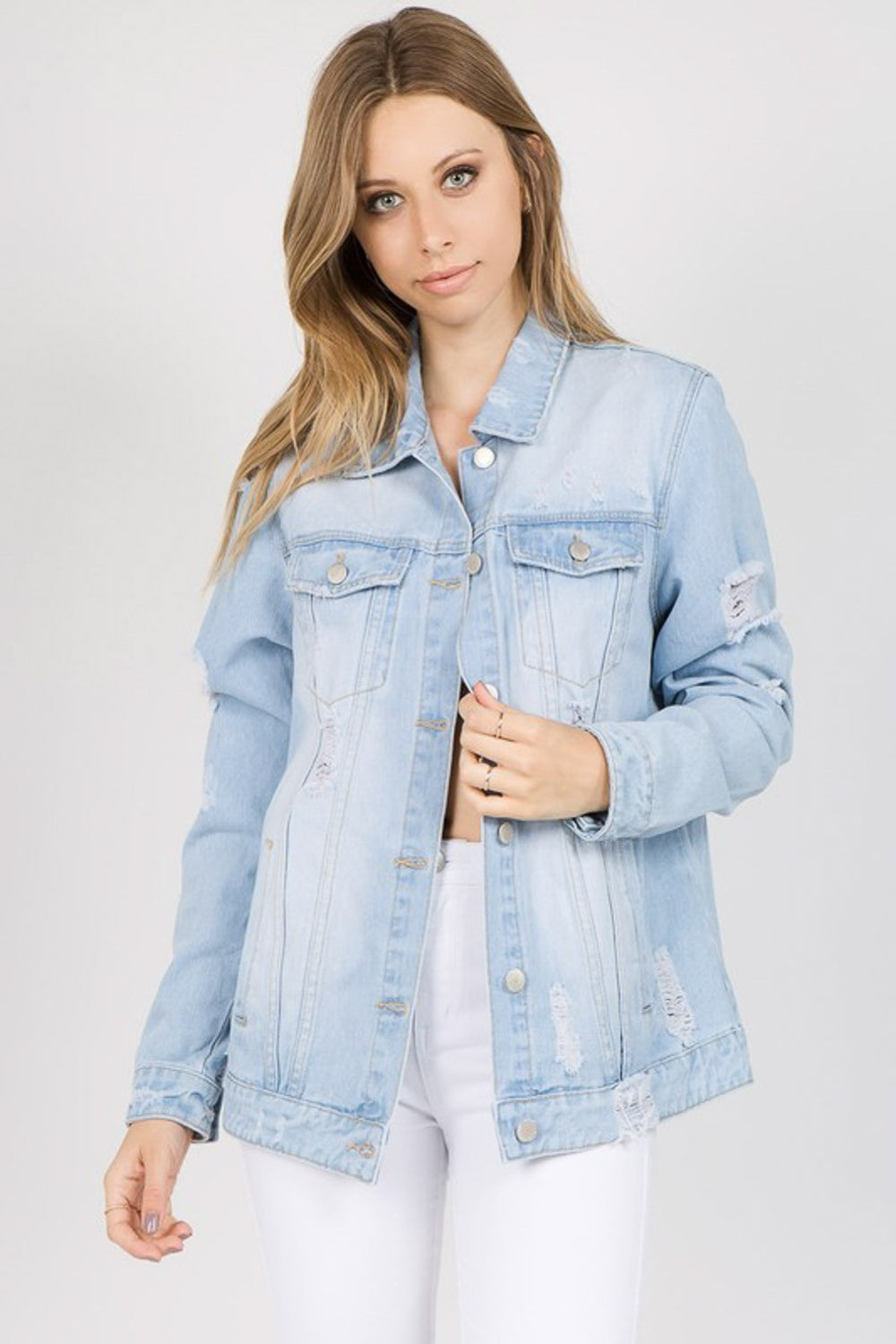 American Bazi Letter Patched Distressed Denim Jacket-Teresa&#39;s Fashionista LLC