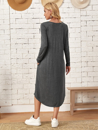 Pocketed Round Neck Long Sleeve Tee Dress-Teresa&#39;s Fashionista LLC