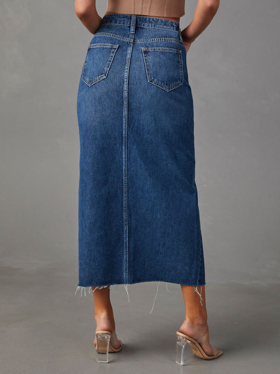 Slit Raw Hem Midi Denim Skirt-Teresa&#39;s Fashionista LLC