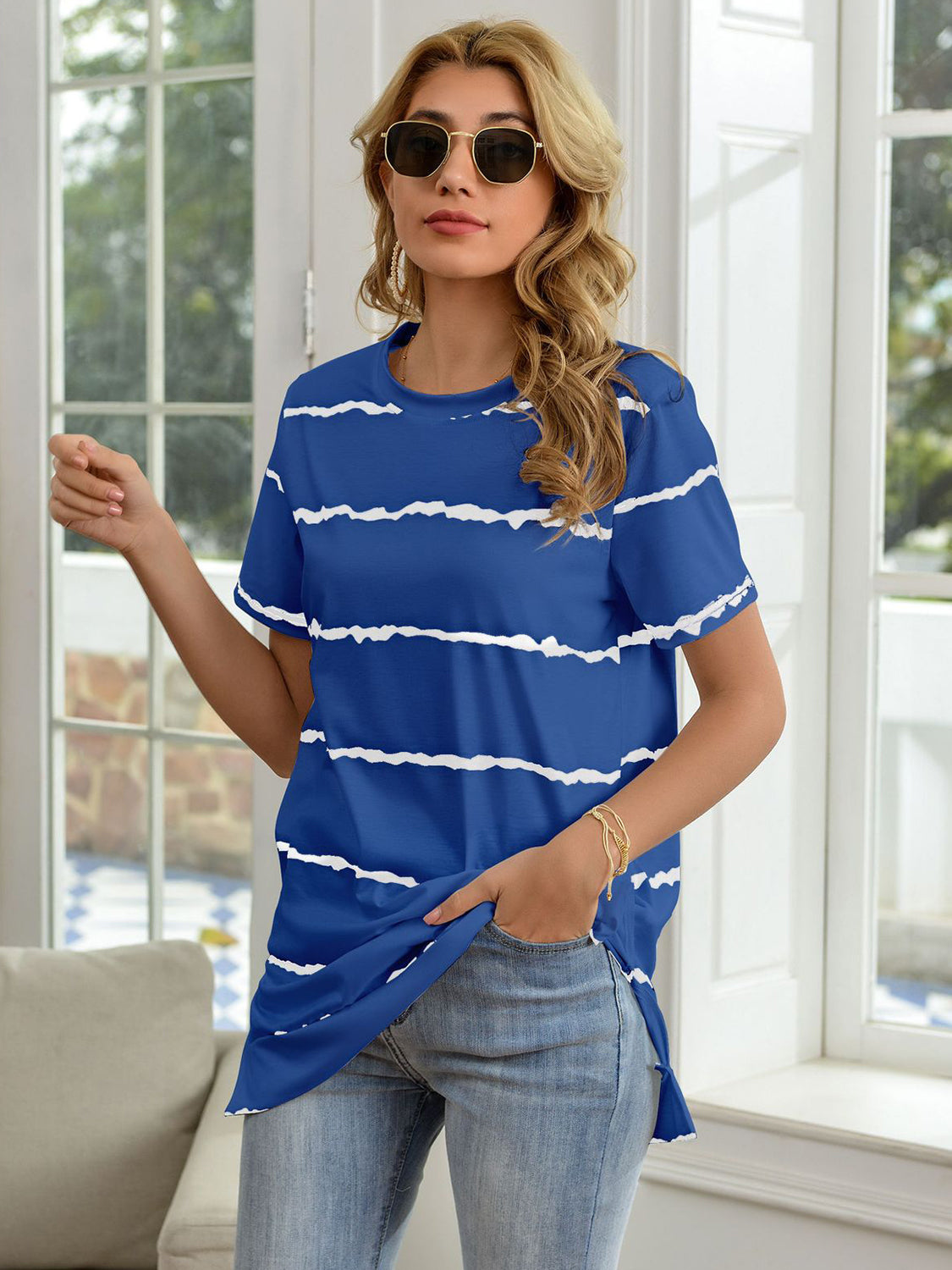 Striped Round Neck Short Sleeve T-Shirt-Teresa&#39;s Fashionista LLC