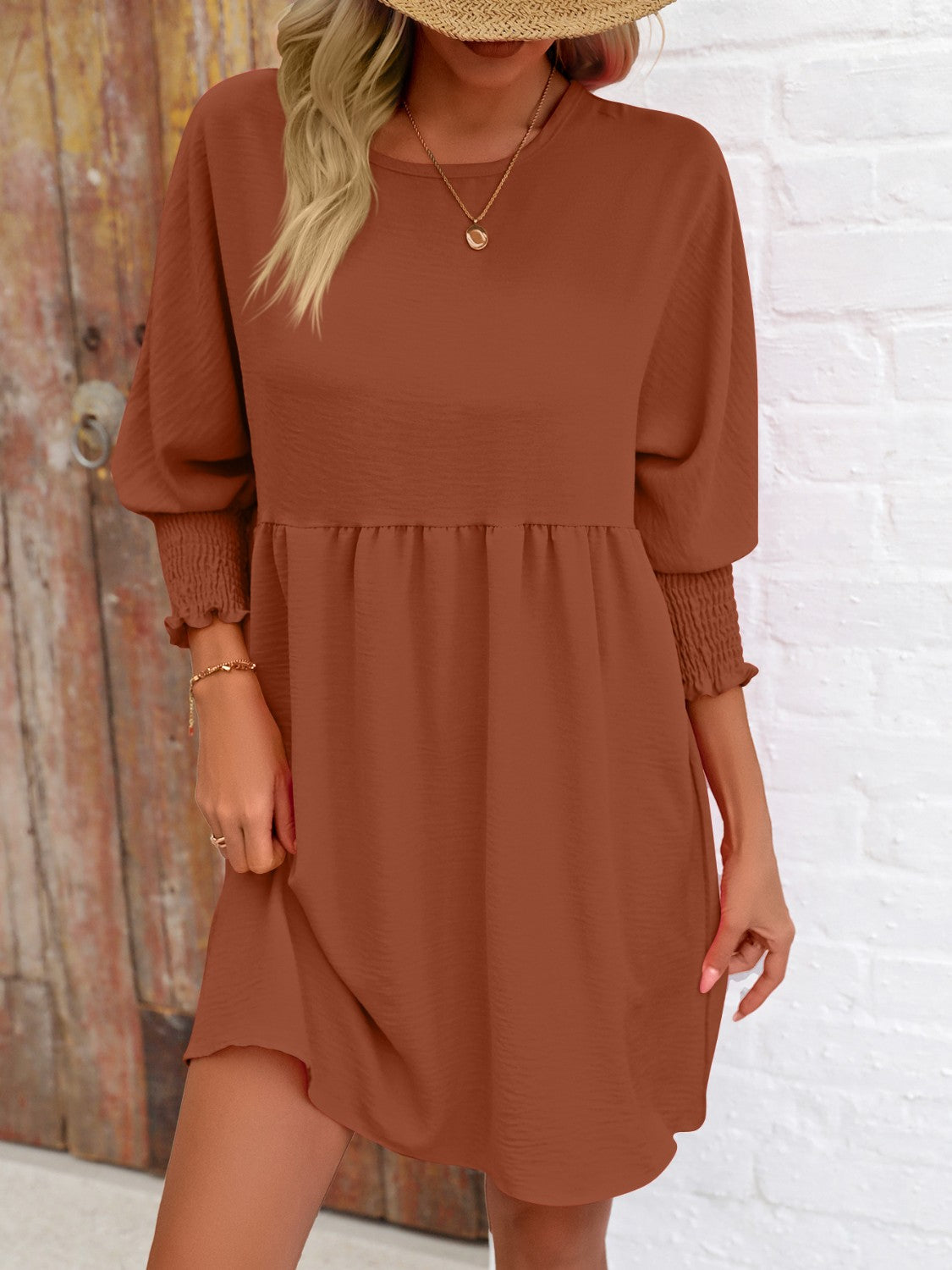 Round Neck Lantern Sleeve Mini Dress-Teresa&#39;s Fashionista LLC