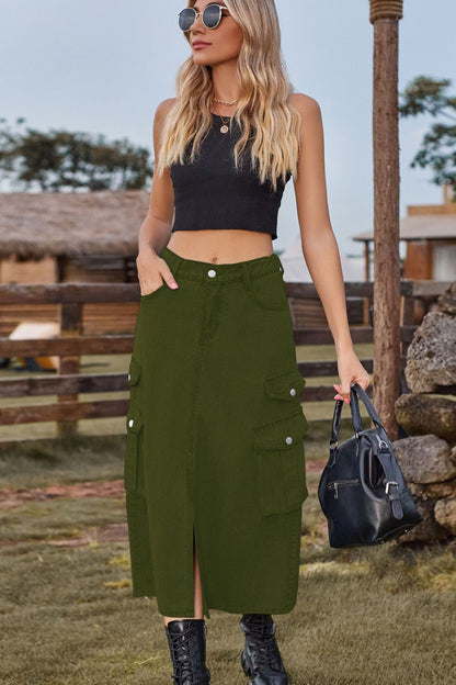 Slit Front Midi Denim Skirt with Pockets-Teresa&#39;s Fashionista LLC