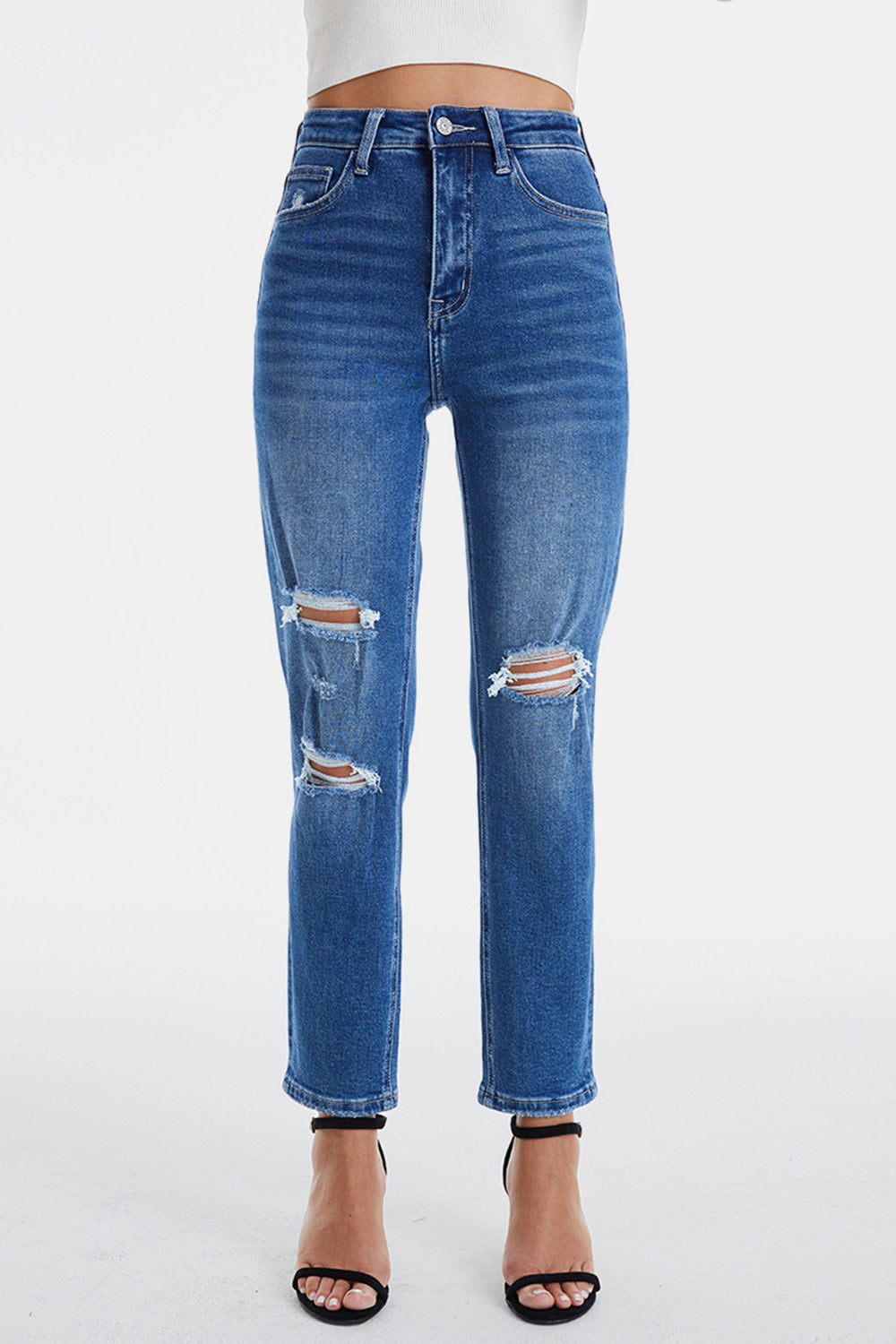 BAYEAS Full Size Distressed High Waist Mom Jeans-Teresa&#39;s Fashionista LLC