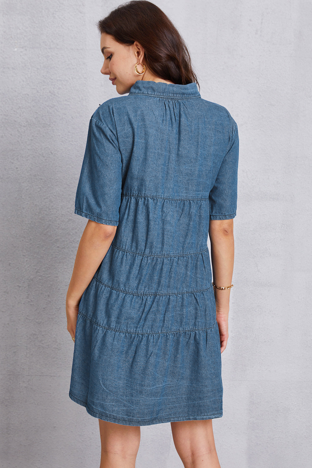 Button Up Collared Neck Tiered Denim Dress-Teresa&#39;s Fashionista LLC