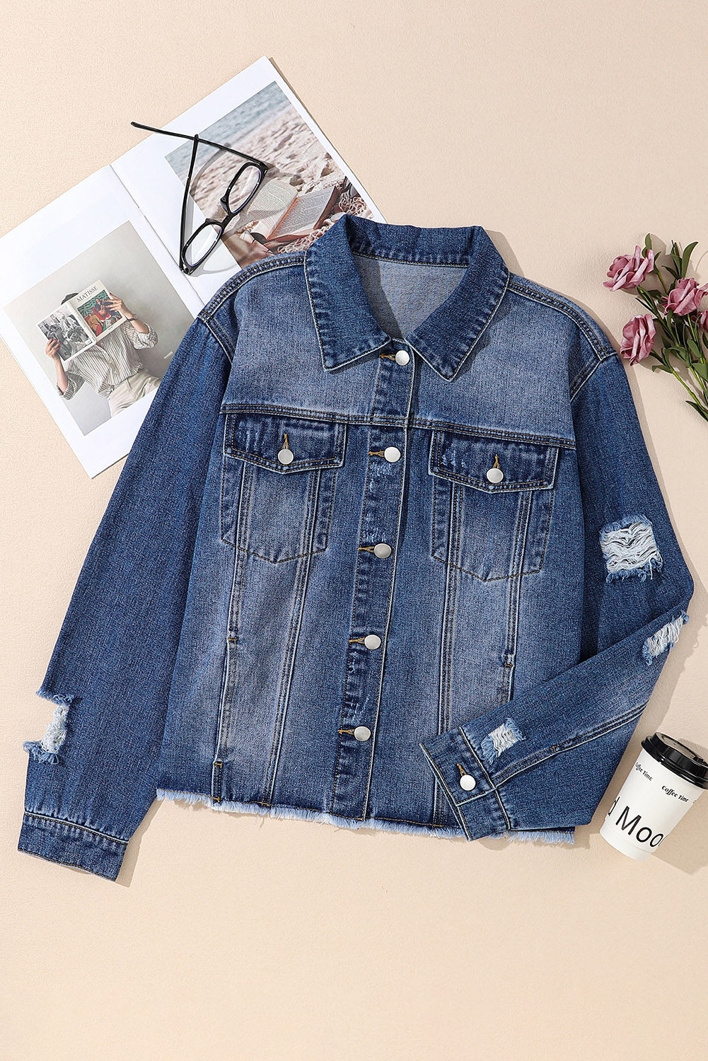 Plus Size Distressed Button Up Raw Hem Denim Jacket-Teresa&#39;s Fashionista LLC