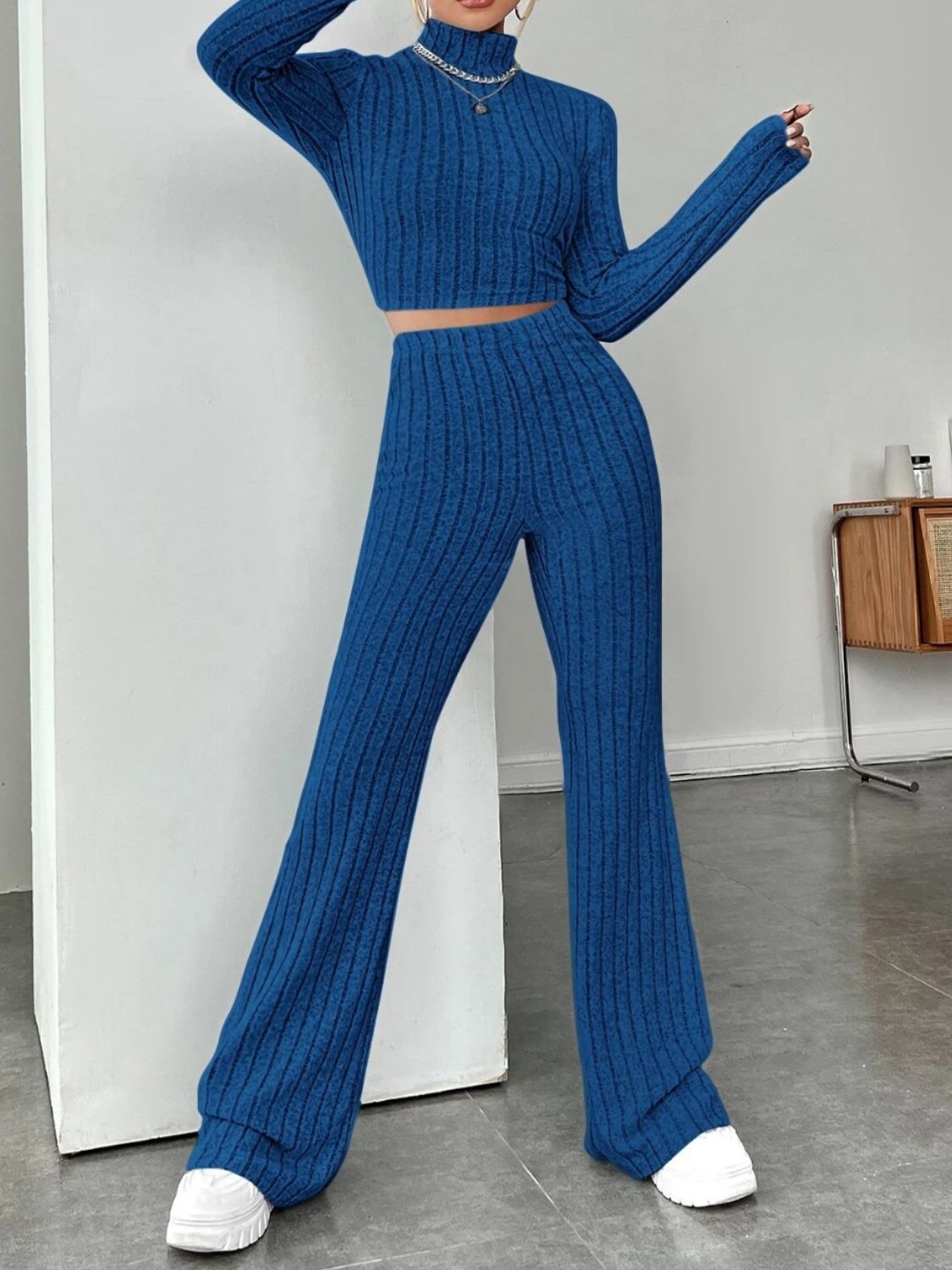 Ribbed Mock Neck Long Sleeve Top and Pants Set-Teresa&#39;s Fashionista LLC