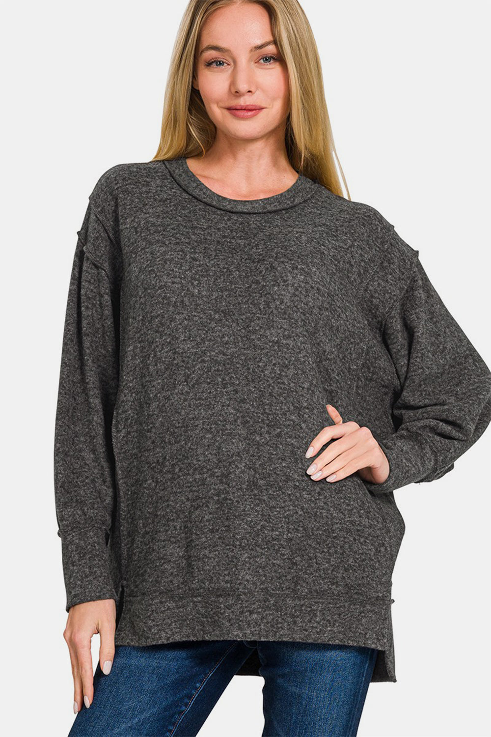 Zenana Full Size High-Low Round Neck Long Sleeve Sweater