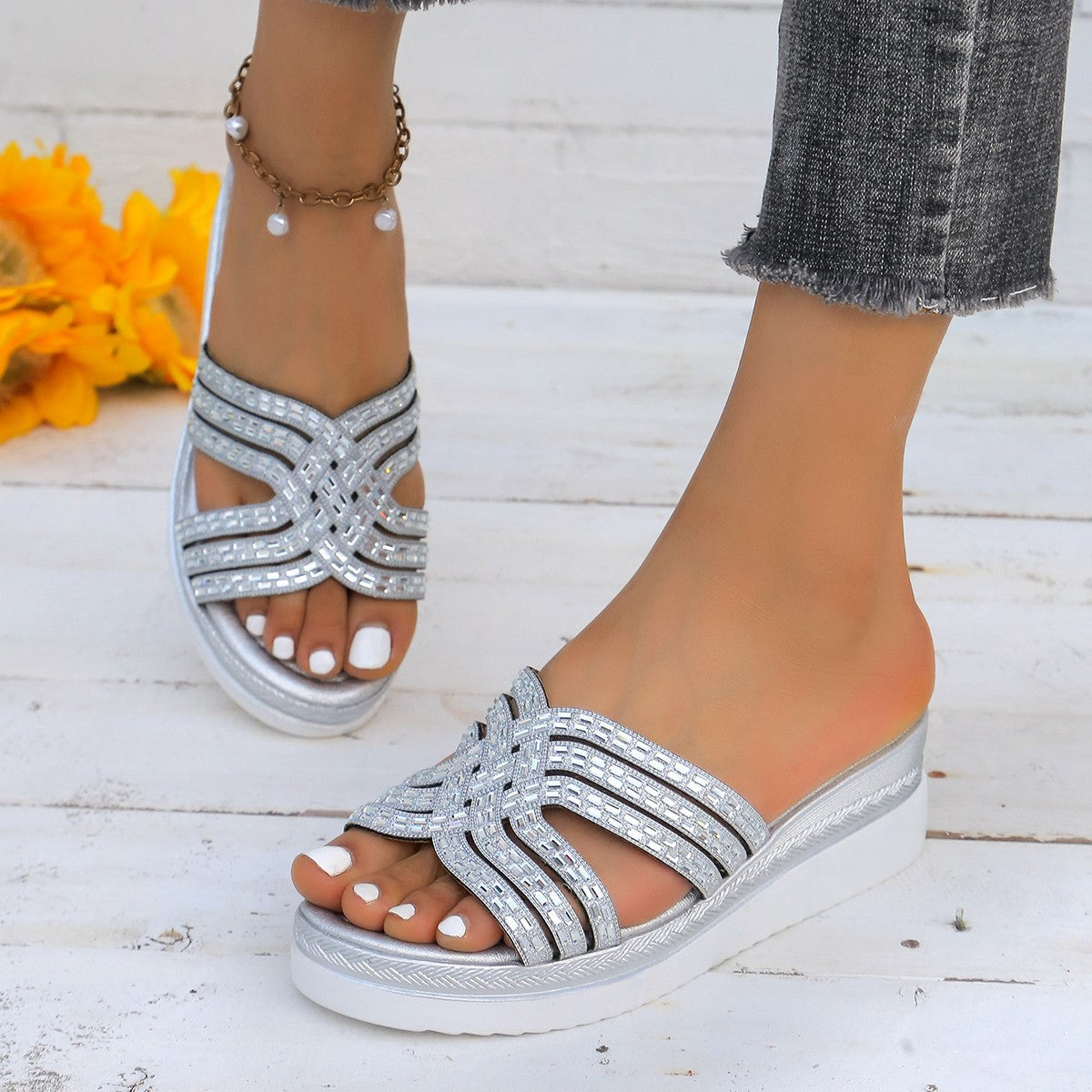 Rhinestone Open Toe Wedge Sandals-Teresa&#39;s Fashionista LLC