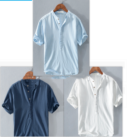 Men's Stand Collar Japanese Ice Silk Linen Short Sleeve T-shirt-Teresa&#39;s Fashionista LLC