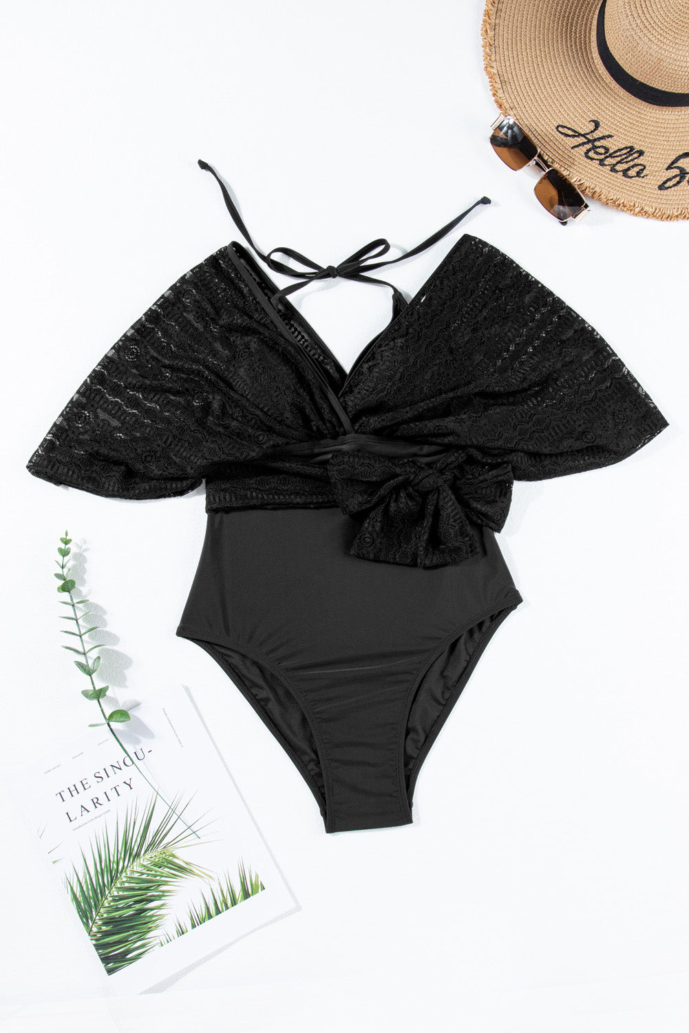 Tied Lace Detail V-Neck Half Sleeve One-Piece Swimwear-Teresa&#39;s Fashionista LLC