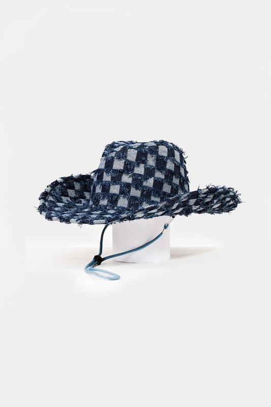 Fame Checkered Fringe Denim Cowboy Hat-Teresa&#39;s Fashionista LLC