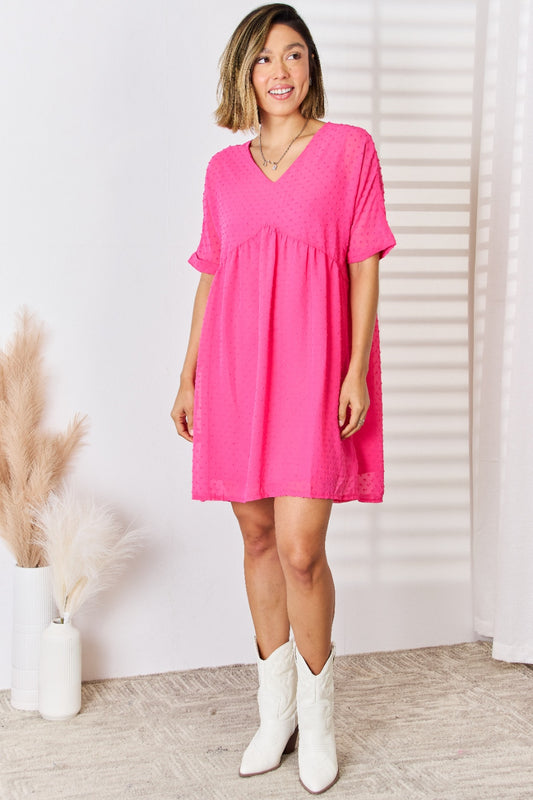 Zenana Swiss Dot Rolled Short Sleeve Babydoll Dress - Teresa's Fashionista LLC