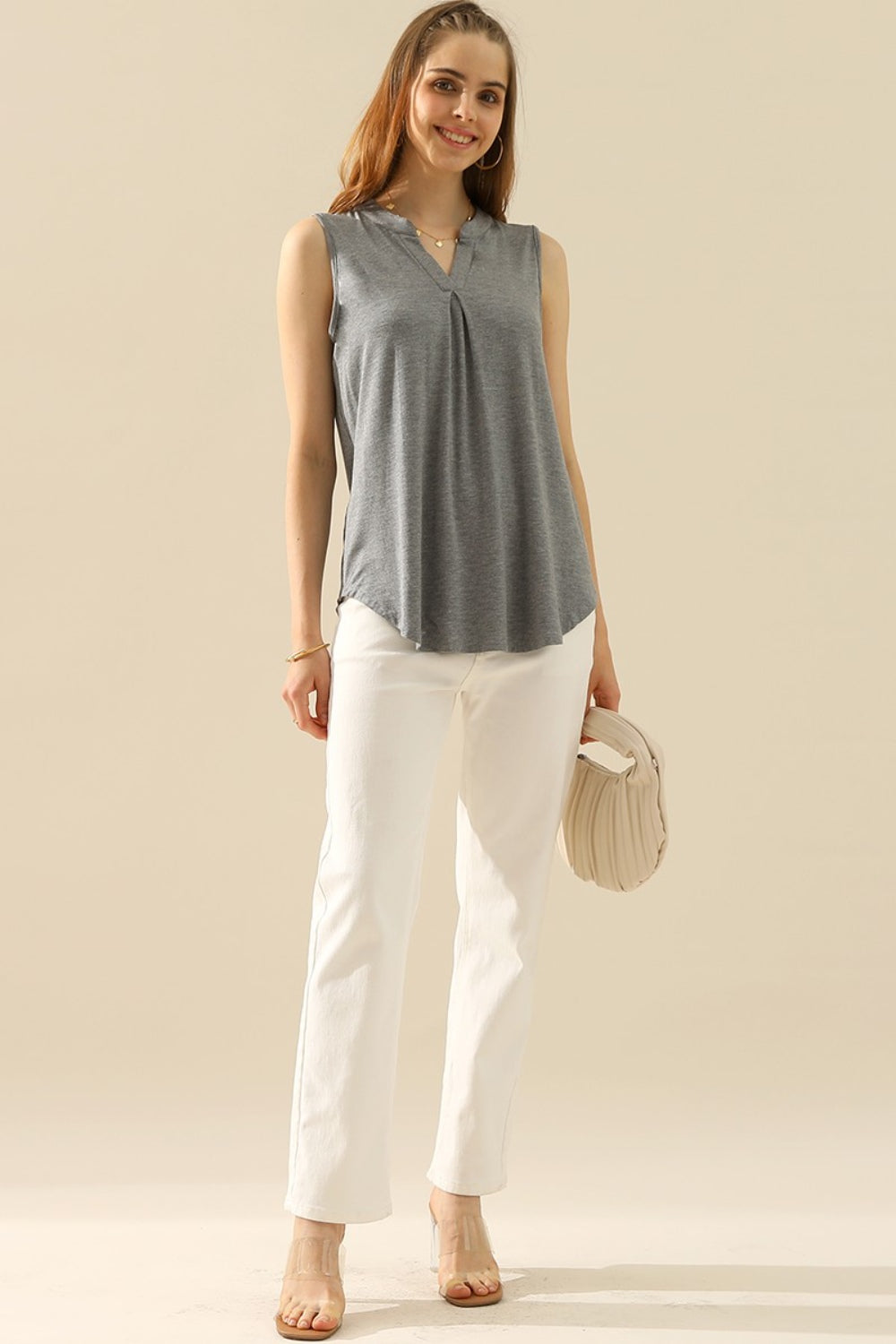 Ninexis Full Size Notched Sleeveless Top-Teresa&#39;s Fashionista LLC