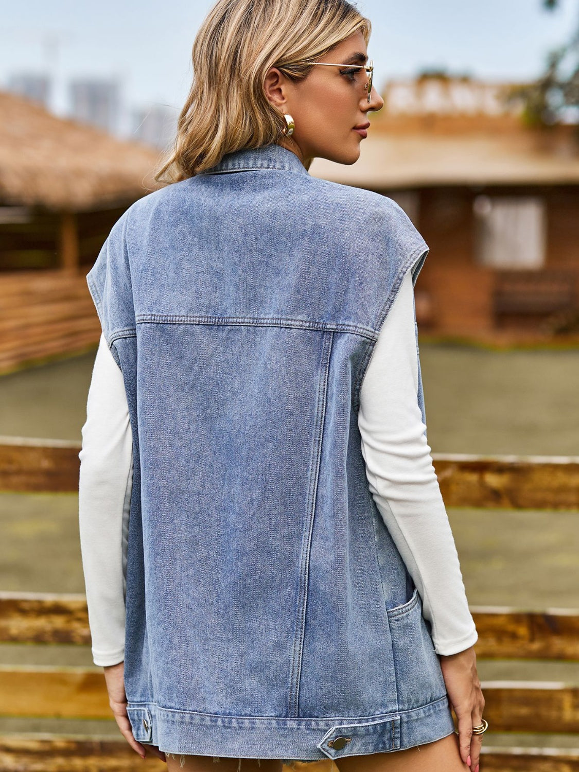 Button Up Collared Neck Sleeveless Denim Jacket-Teresa&#39;s Fashionista LLC