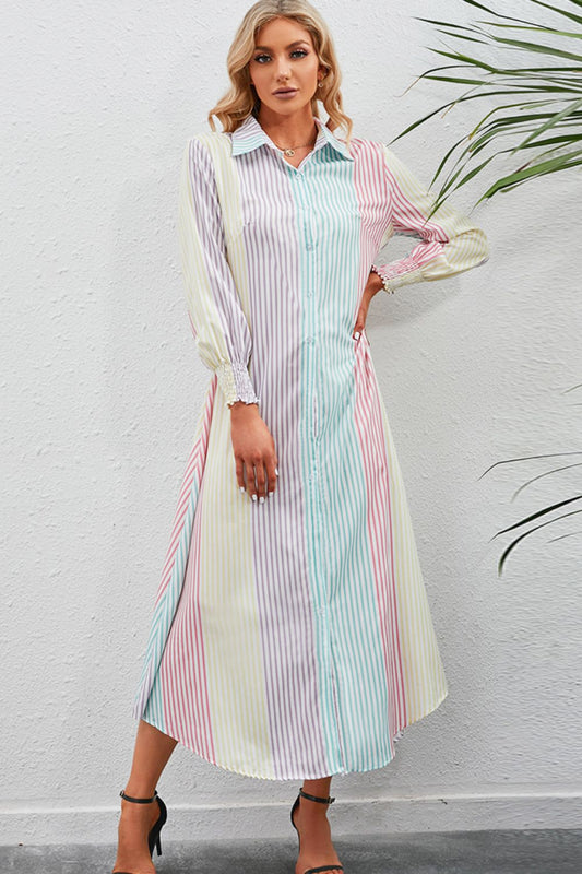 Rainbow Stripe Button-Up Maxi Shirt Dress-Teresa&#39;s Fashionista LLC