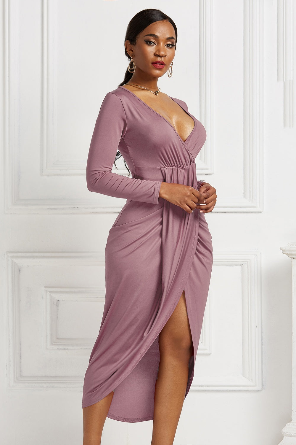 High-low Ruched Surplice Long Sleeve Dress-Teresa&#39;s Fashionista LLC