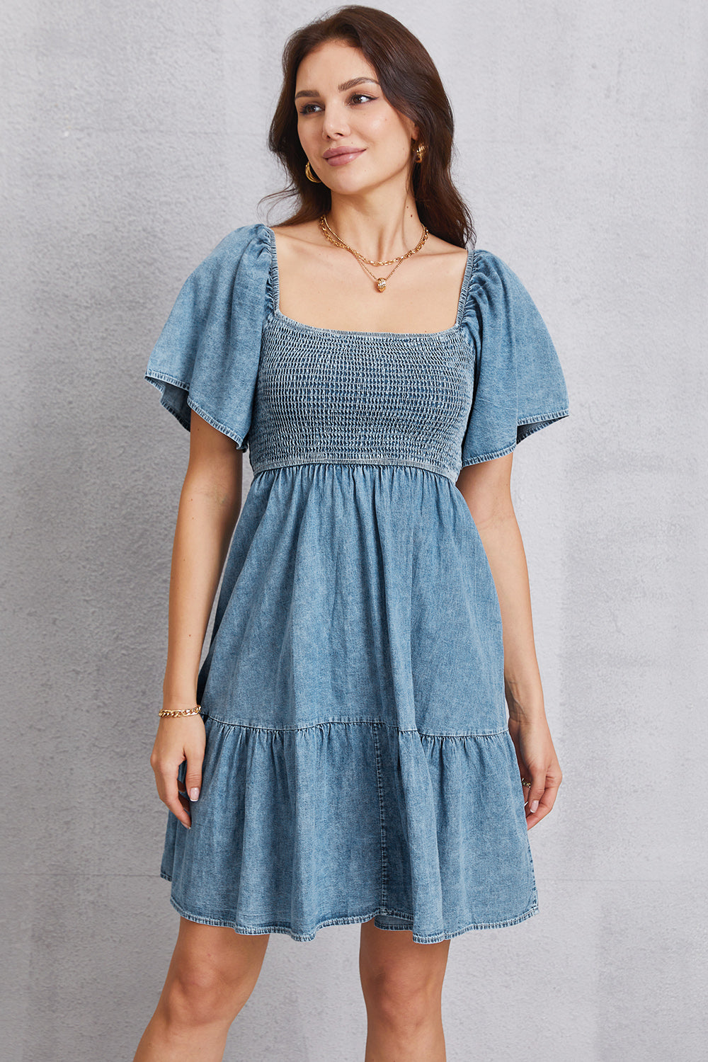 Smocked Square Neck Mini Denim Dress-Teresa&#39;s Fashionista LLC