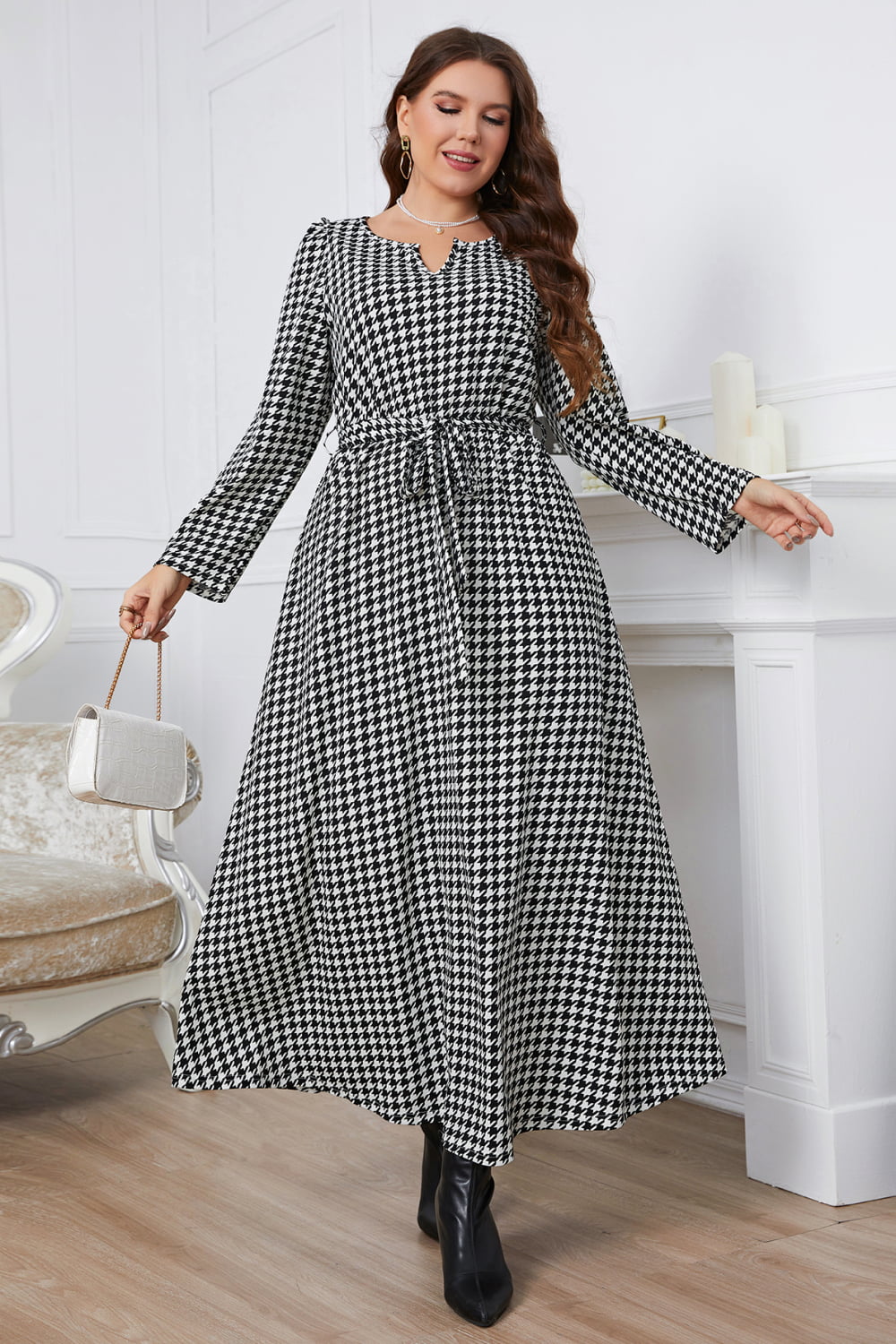 Melo Apparel Plus Size Notched Neck Houndstooth Tie Belt Maxi Dress-Teresa&#39;s Fashionista LLC