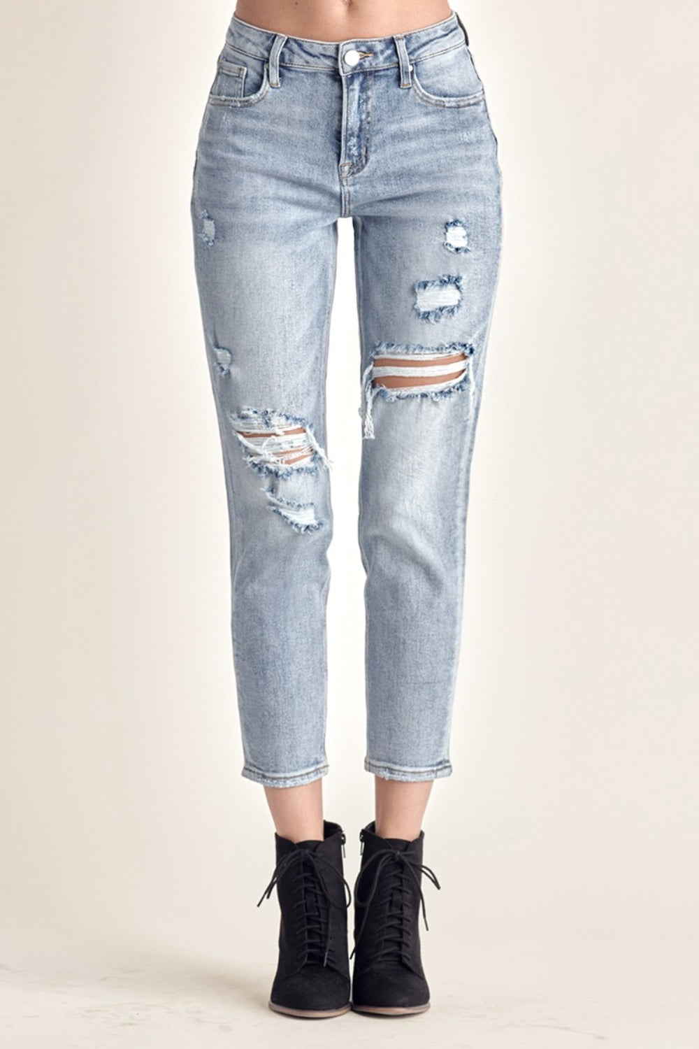 RISEN Distressed Slim Cropped Jeans-Teresa&#39;s Fashionista LLC