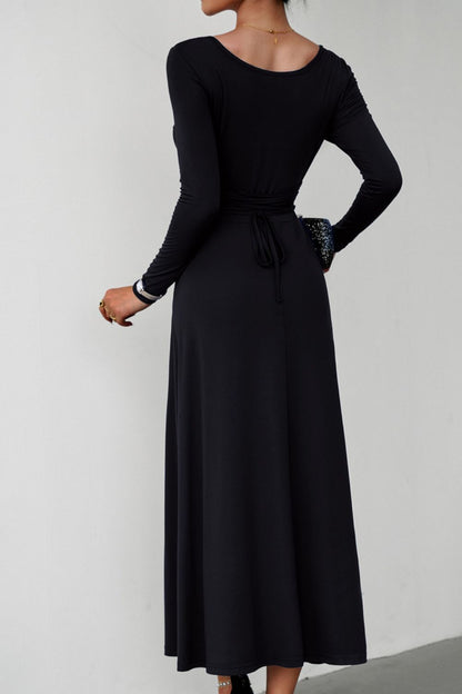 Scoop Neck Long Sleeve Lace-Up Maxi Dress-Teresa&#39;s Fashionista LLC