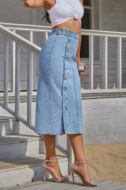 Buttoned Split Denim Skirt-Teresa&#39;s Fashionista LLC