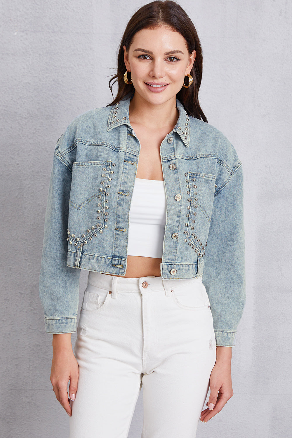 Studded Dropped Shoulder Denim Jacket-Teresa&#39;s Fashionista LLC